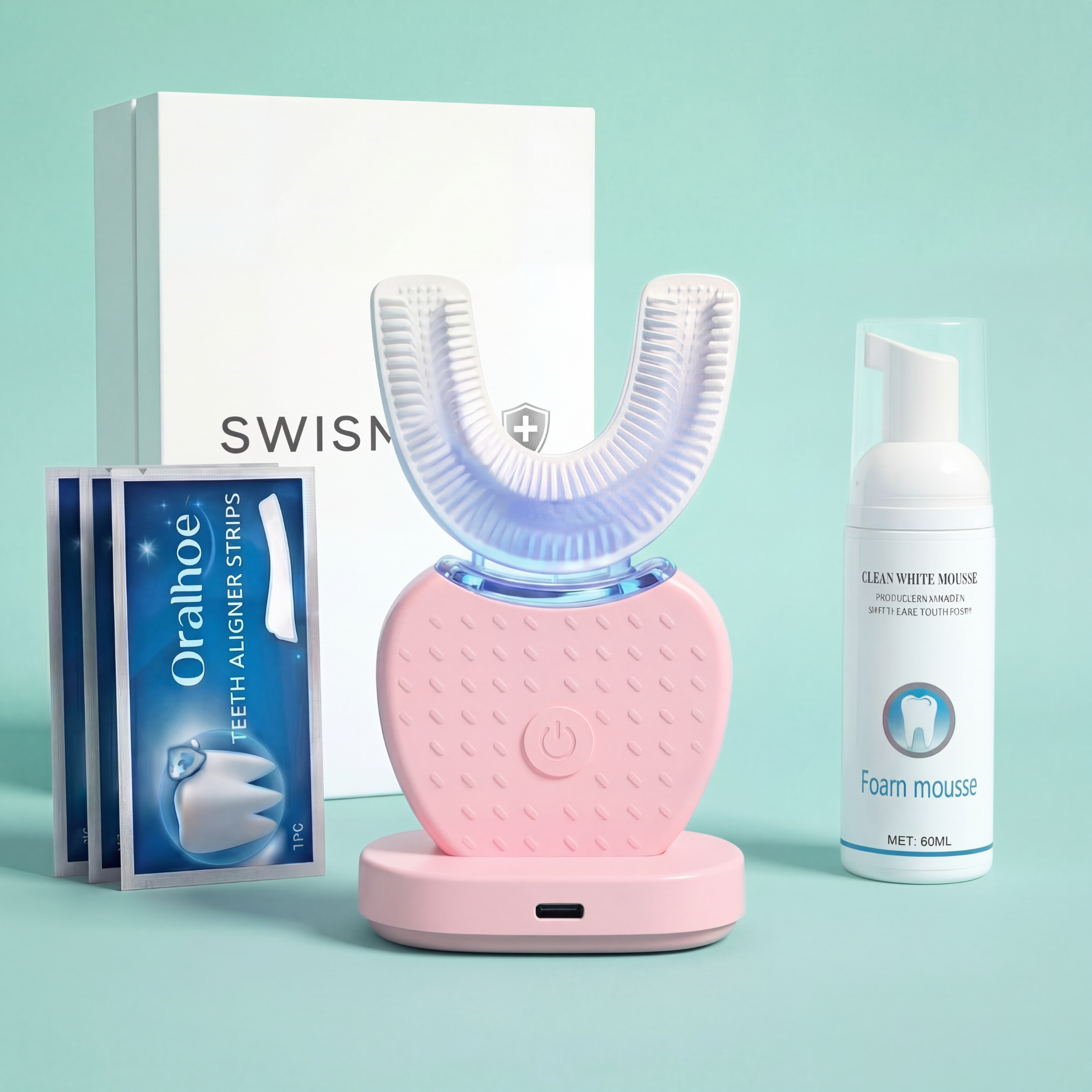 Swismile U-formet ultrasonisk elektrisk tannbørste med tannkrem og Whitestrips