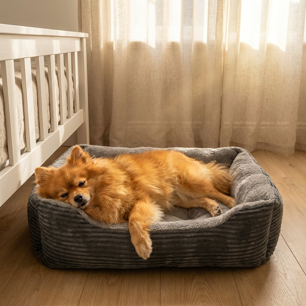 Plüsch-Tierbett mit rutschfester Unterseite und waschbarem Bezug