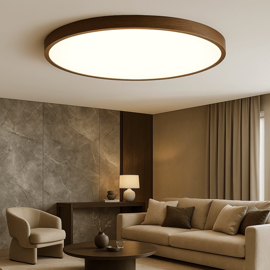 Wood Finish Trim Flush Mount Light, 12-Inch Diameter Round Ceiling Fixture