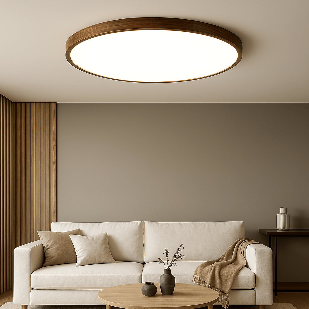 Wood Finish Trim Flush Mount Light, 12-Inch Diameter Round Ceiling Fixture