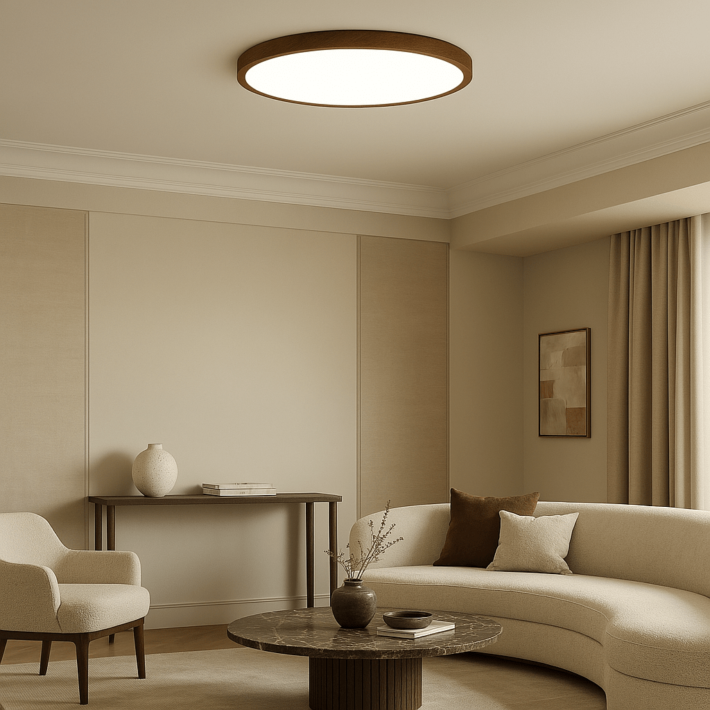 Wood Finish Trim Flush Mount Light, 12-Inch Diameter Round Ceiling Fixture
