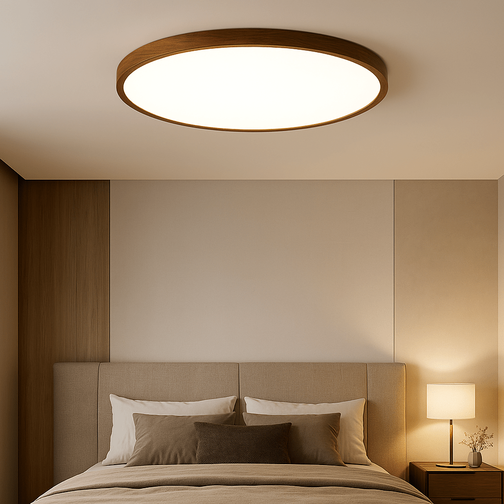 Wood Finish Trim Flush Mount Light, 12-Inch Diameter Round Ceiling Fixture