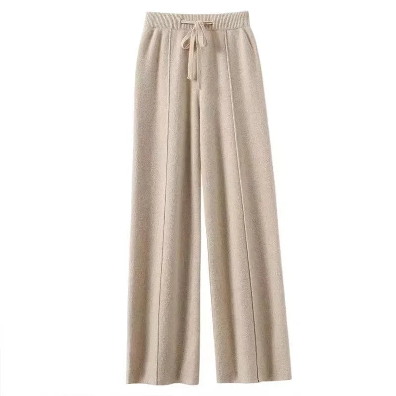 Wool and Cashmere Blend Wide-Leg Trousers for Women with Elastic Waist