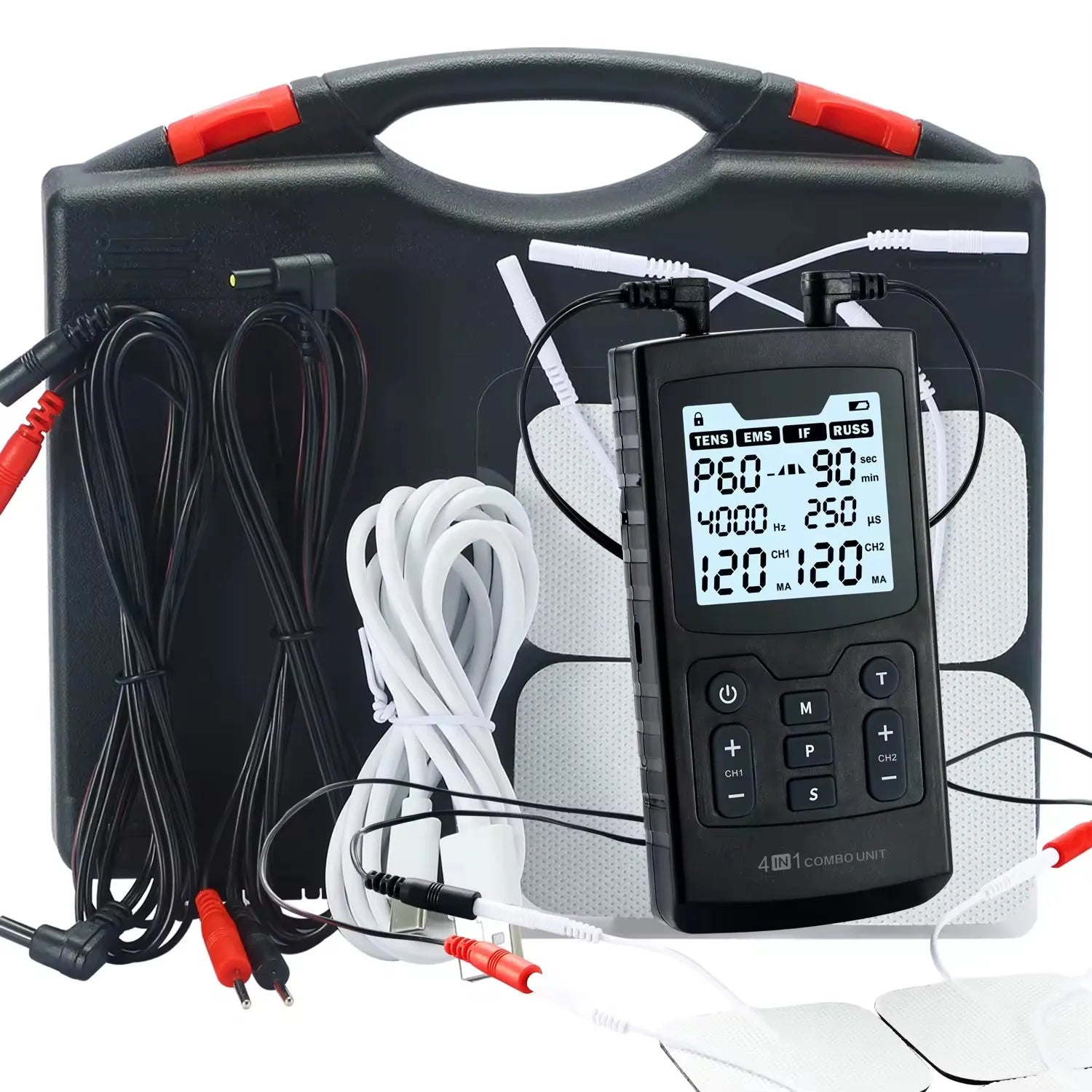 4-in-1 TENS EMS IFC Russian Stimulation Device with 60 Modes & 120 Intensity Levels for Muscle & Nerve Comfort