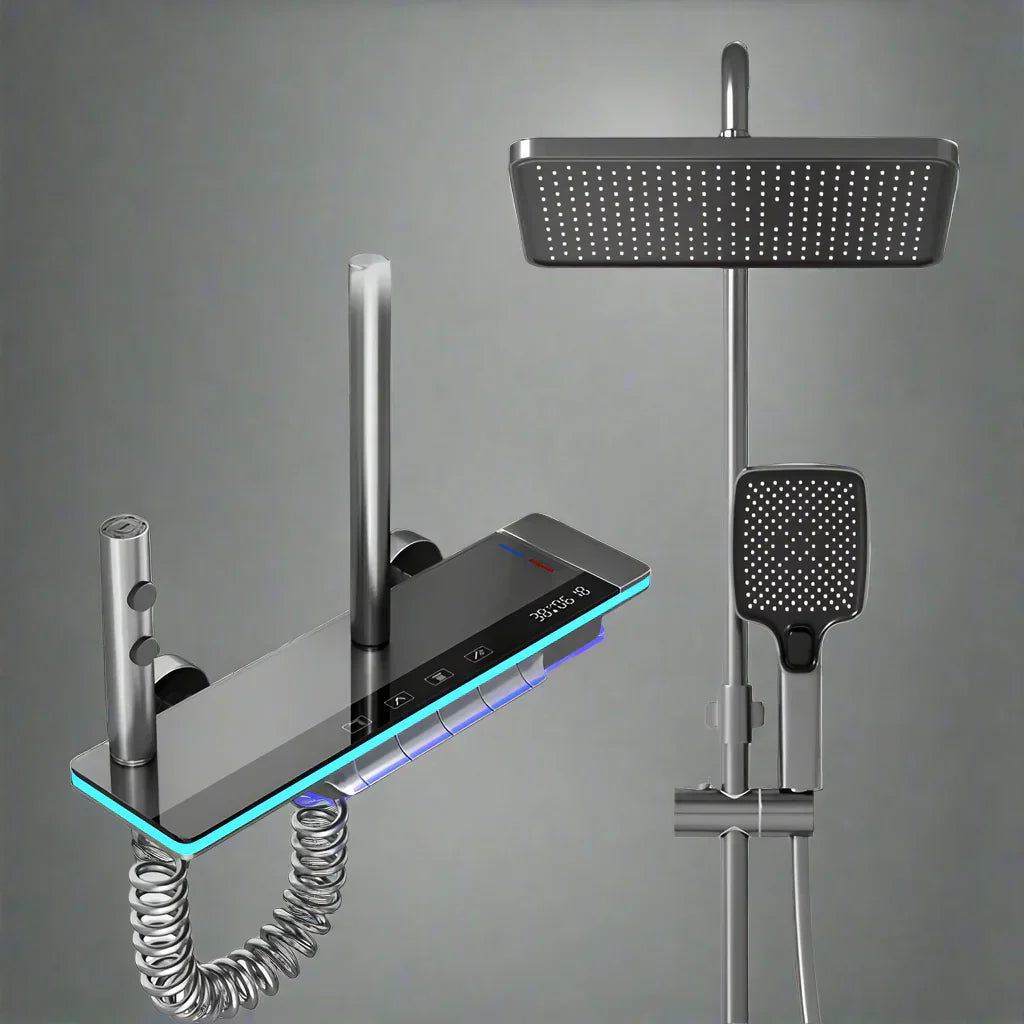 Luxura Digitales Display Wasserfall-Duschsystem – Messing Regenfallmischer mit LED-Lampe