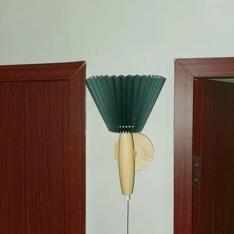 Lyren Nordic Wood Wall Sconce With Pleated Shade Glow