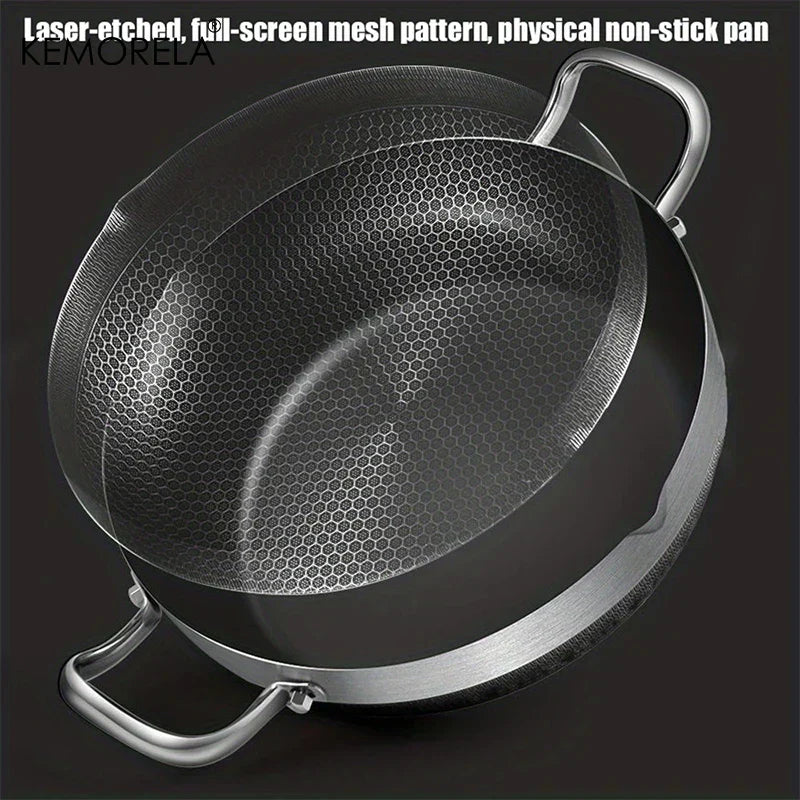 Stainless Steel Non-Stick Frying Pan & Soup Pot with Honeycomb Bottom – 26/28/30CM, Glass Lid, Induction & Gas Compatible