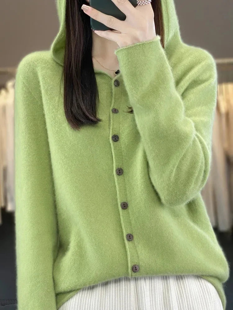 Dames Merinowollen Hoodie Cardigan – Lange Mouwen, Kasjmier Gebreide Trui voor Herfst en Winter, Casual