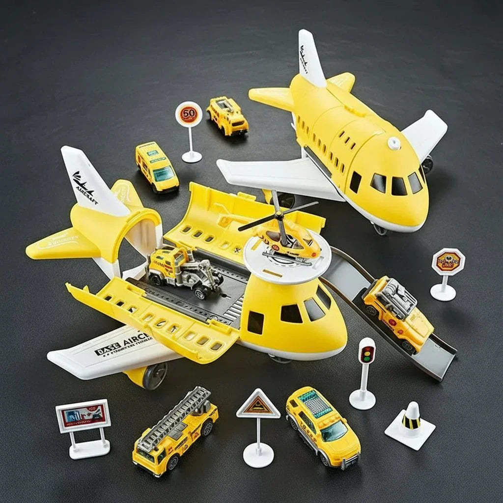 NovaTown Trägheitsflugzeug- und Fahrzeug-Spielset für Kinder mit Hubschrauber-Straßenschildern