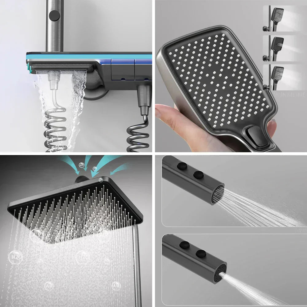Luxura Digitales Display Wasserfall-Duschsystem – Messing Regenfallmischer mit LED-Lampe