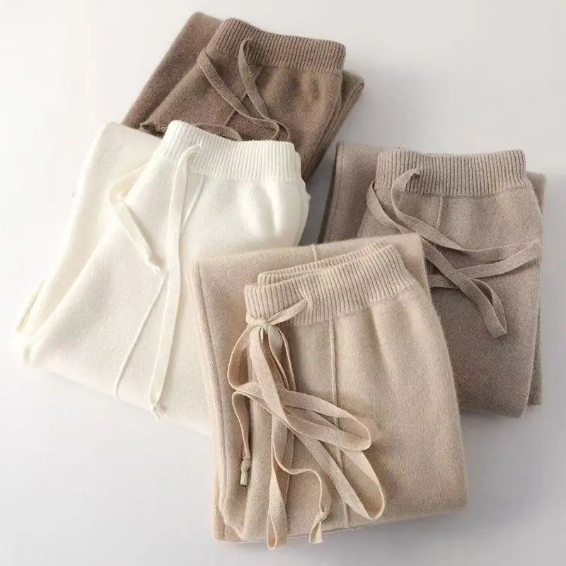 Wool and Cashmere Blend Wide-Leg Trousers for Women with Elastic Waist