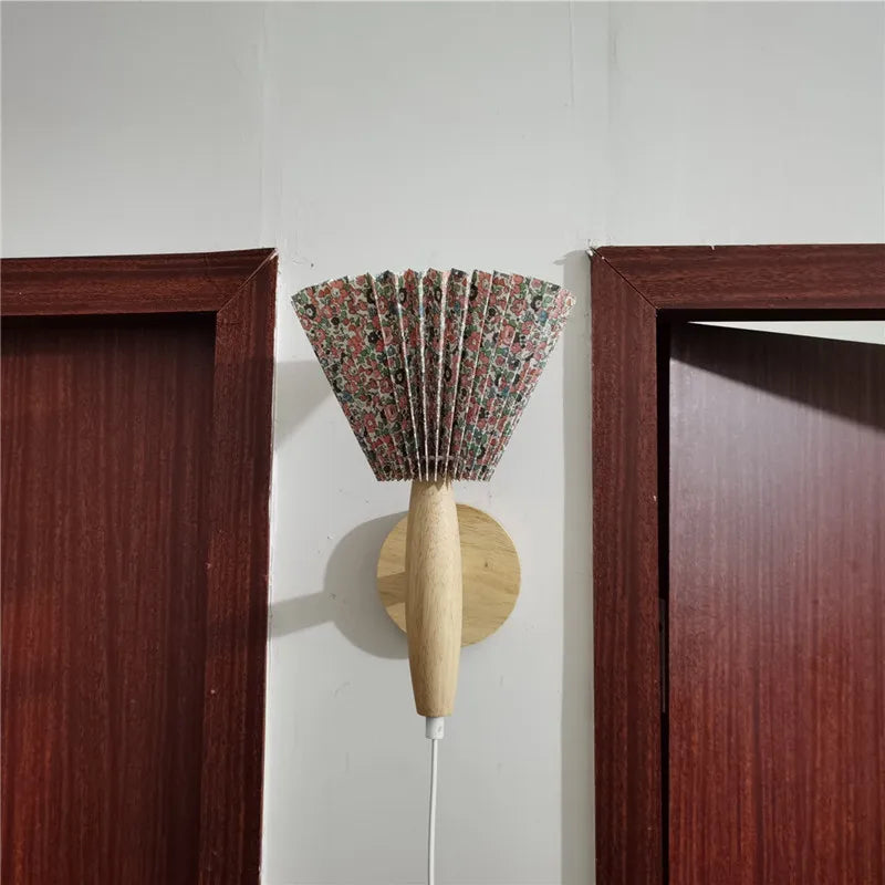 Lyren Nordic Wood Wall Sconce With Pleated Shade Glow
