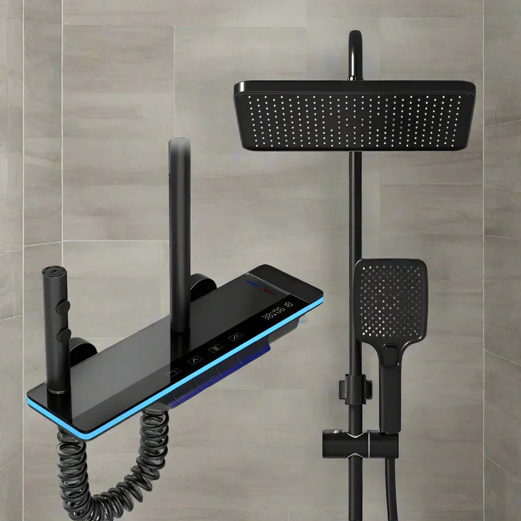 Luxura Digitales Display Wasserfall-Duschsystem – Messing Regenfallmischer mit LED-Lampe