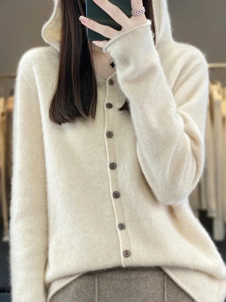 Dames Merinowollen Hoodie Cardigan – Lange Mouwen, Kasjmier Gebreide Trui voor Herfst en Winter, Casual