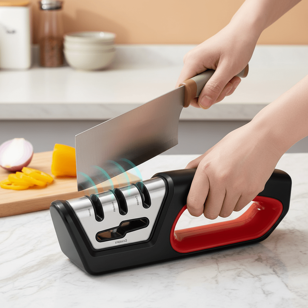 EdgeForge 4-i-1 knivsliper og saks polerer for hjemme kokker, ergonomisk