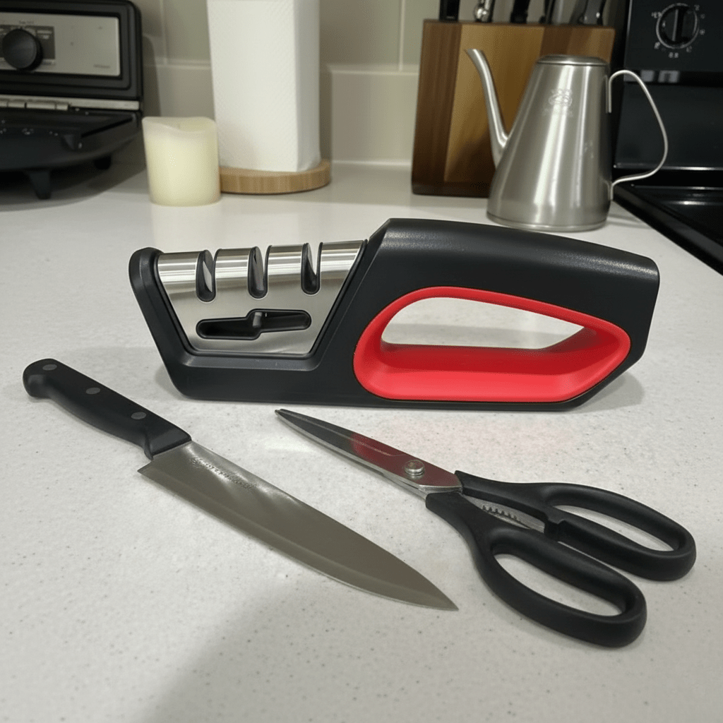 EdgeForge 4-i-1 knivsliper og saks polerer for hjemme kokker, ergonomisk
