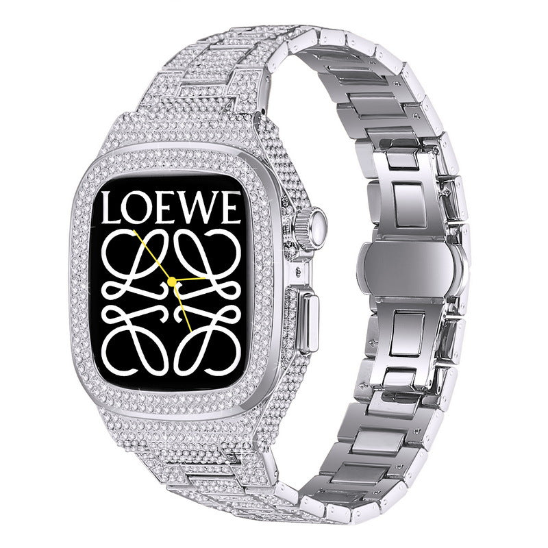 Luxuriöses Metallgehäuse mit Kristall-Diamant-Armband für Apple Watch 44/45 mm