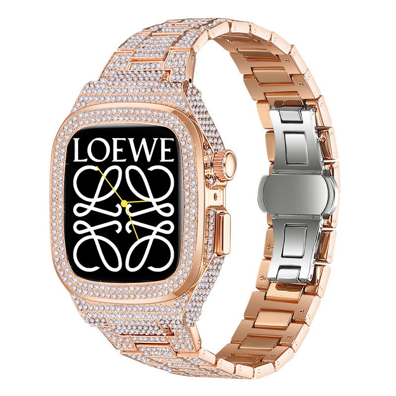 Luxuriöses Metallgehäuse mit Kristall-Diamant-Armband für Apple Watch 44/45 mm