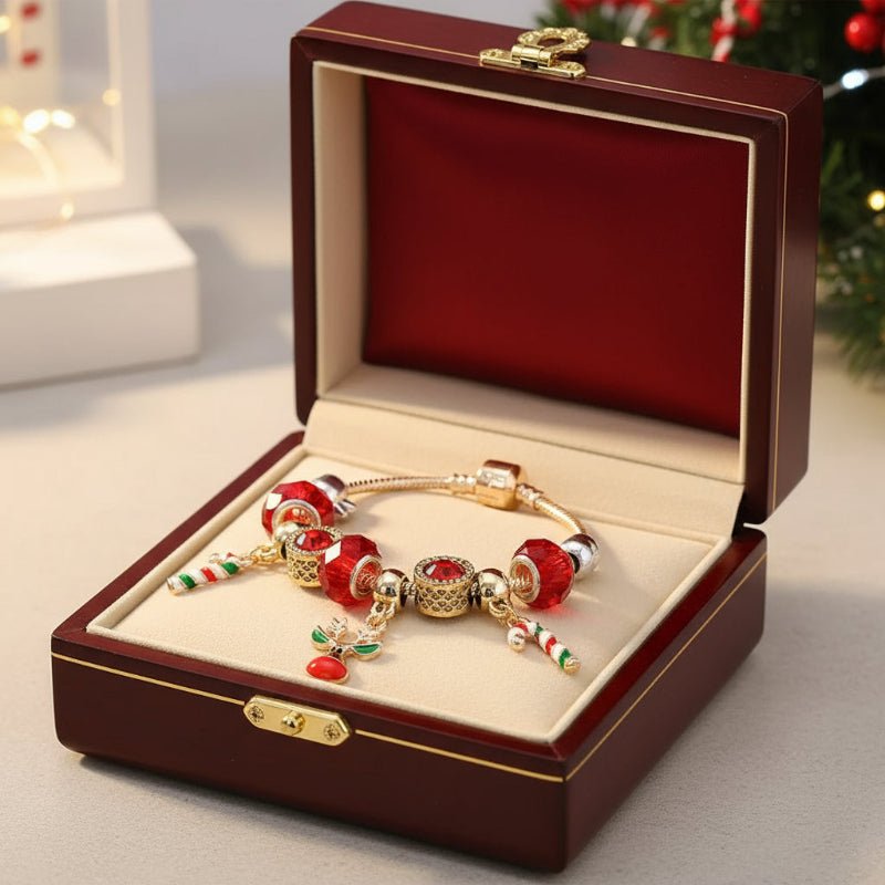 Aria Festive Candy Cane Charm Bracelet With Adjustable Silver Chain For Her