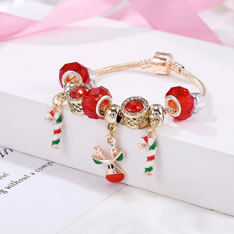 Aria Festive Candy Cane Charm Bracelet With Adjustable Silver Chain For Her