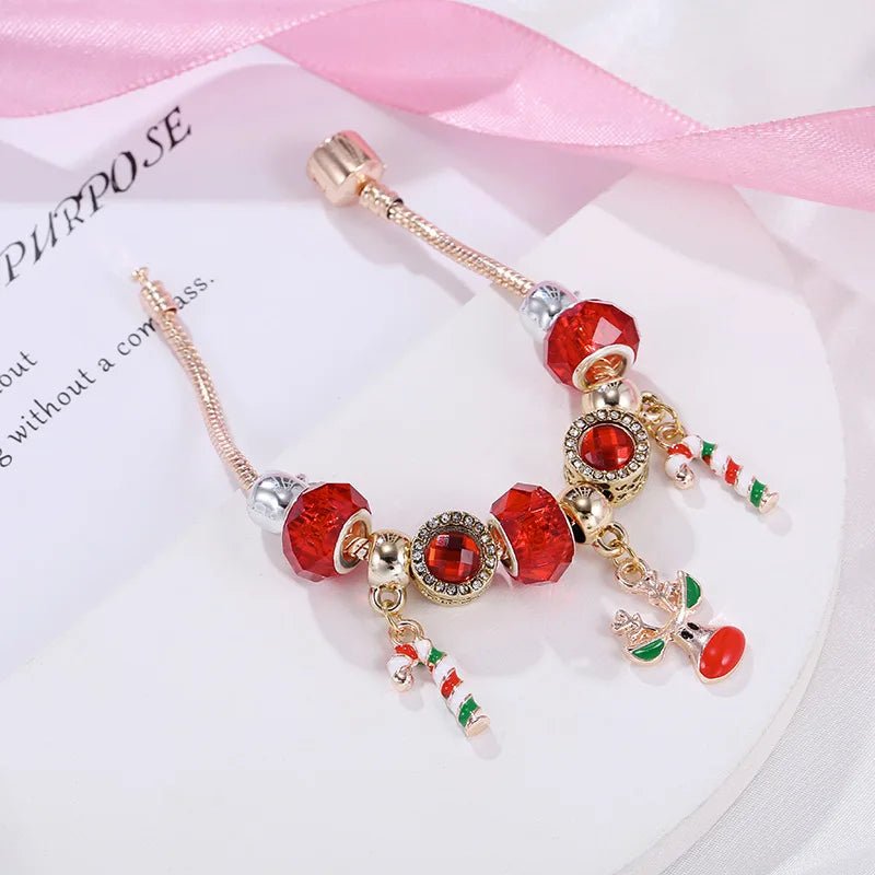 Aria Festive Candy Cane Charm Bracelet With Adjustable Silver Chain For Her