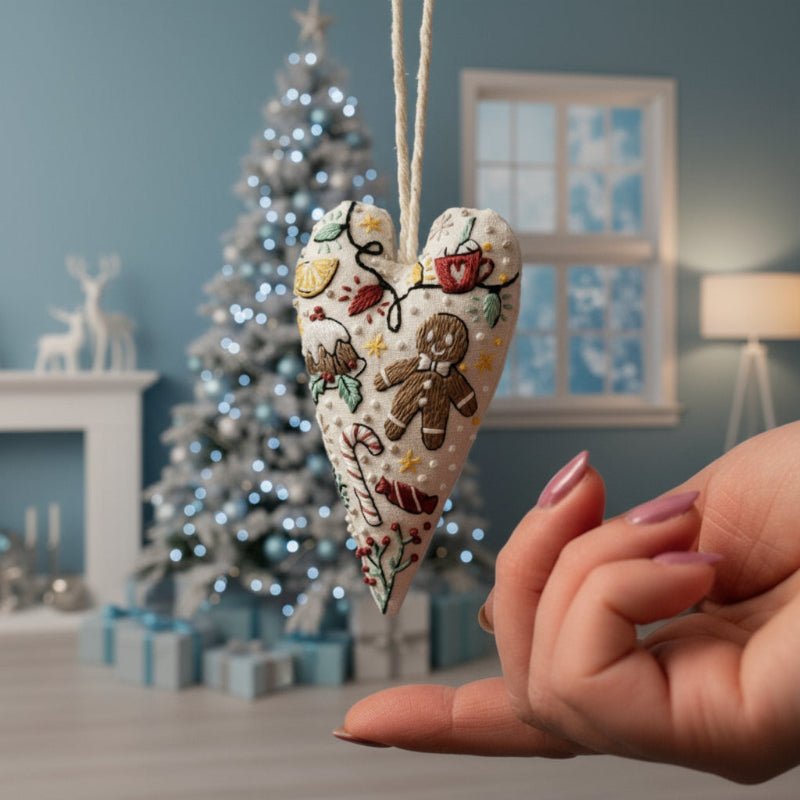 StitchCraft gør-det-selv broderisæt til hjerteformede julepynt, begyndervenligt