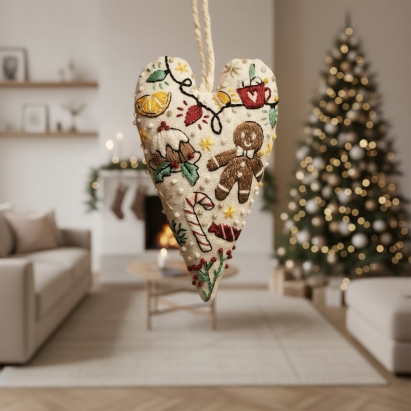 StitchCraft gør-det-selv broderisæt til hjerteformede julepynt, begyndervenligt