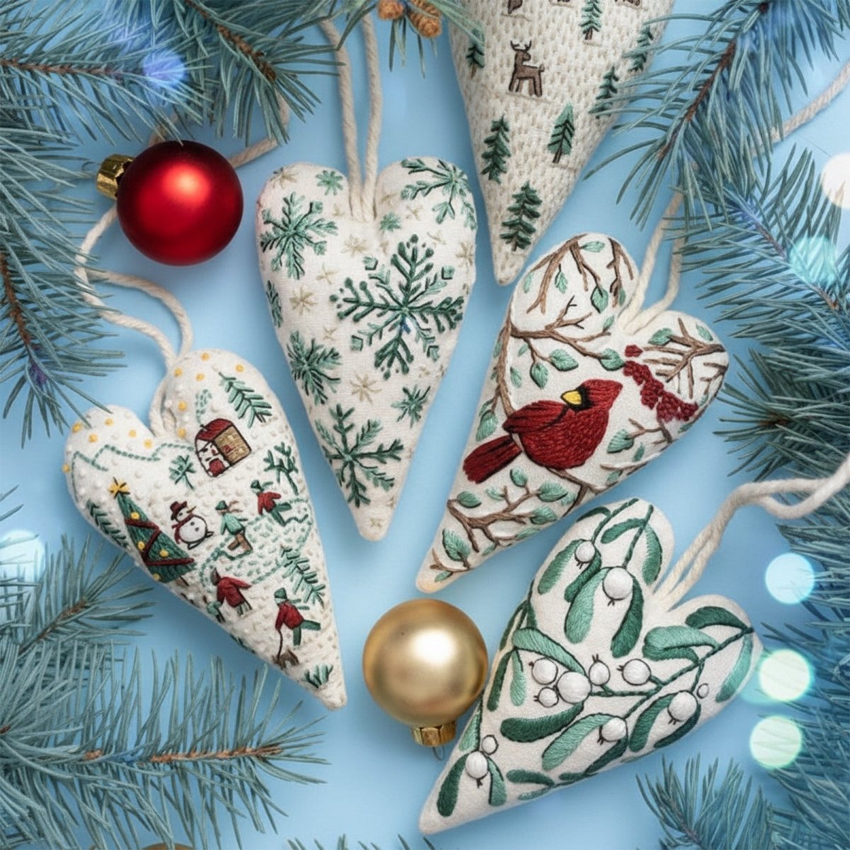 StitchCraft gør-det-selv broderisæt til hjerteformede julepynt, begyndervenligt