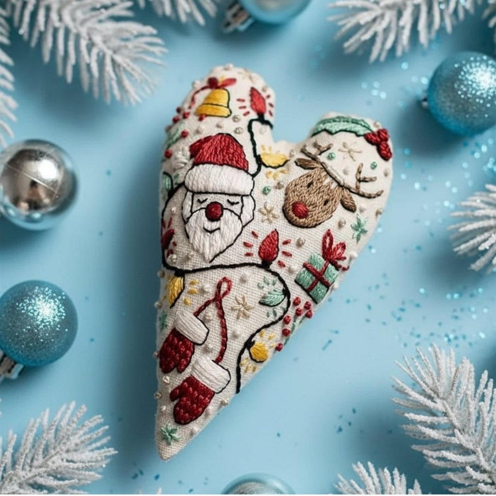 StitchCraft gør-det-selv broderisæt til hjerteformede julepynt, begyndervenligt