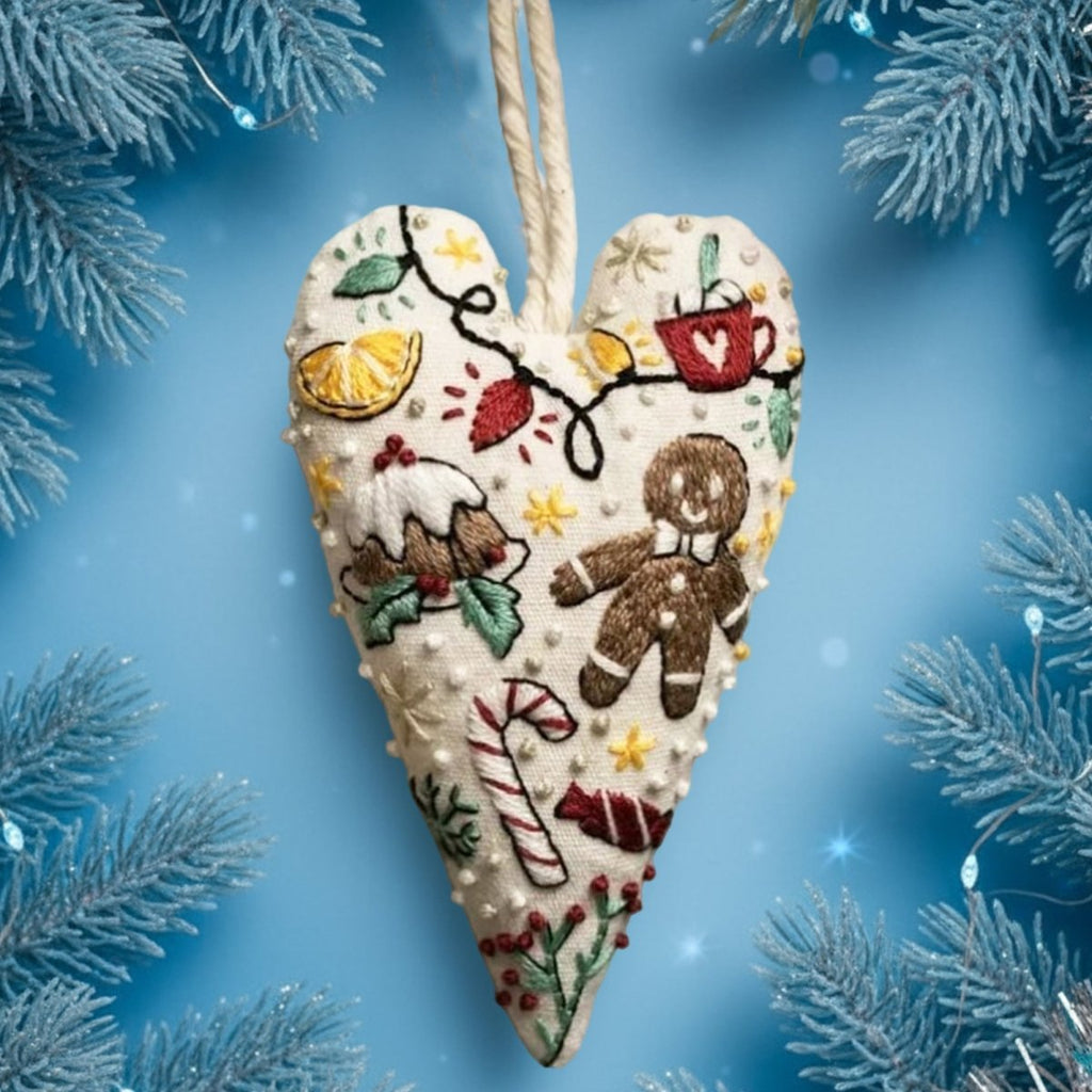 StitchCraft gør-det-selv broderisæt til hjerteformede julepynt, begyndervenligt