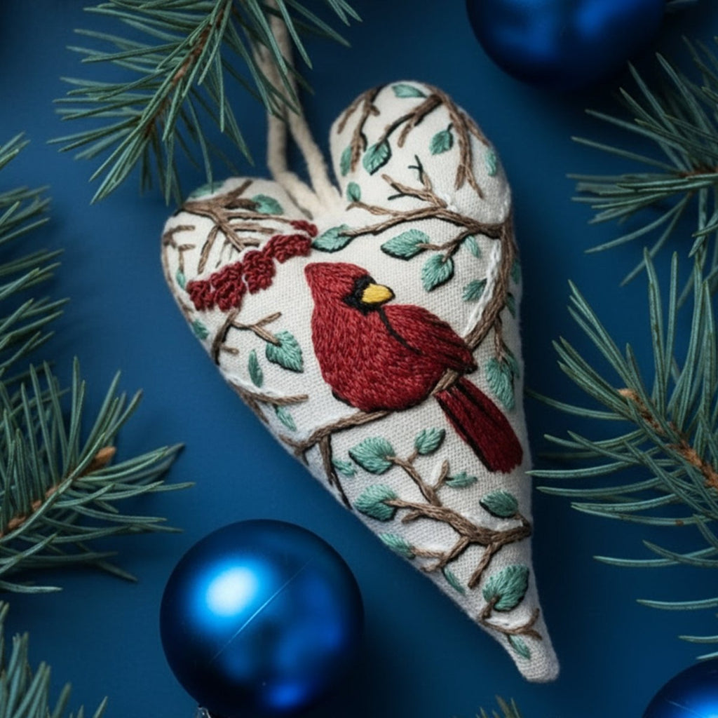 StitchCraft gør-det-selv broderisæt til hjerteformede julepynt, begyndervenligt