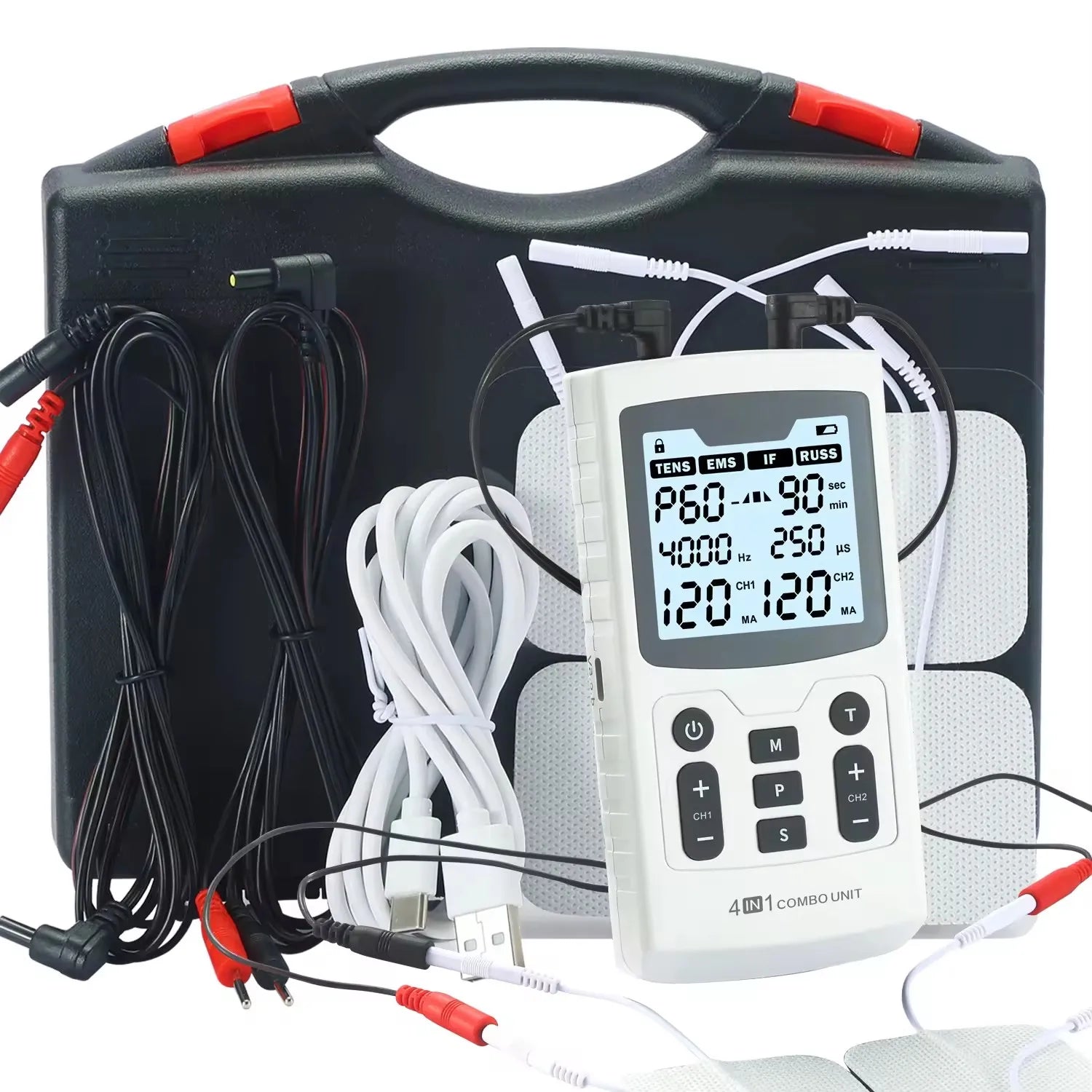 4-in-1 TENS EMS IFC Russian Stimulation Device with 60 Modes & 120 Intensity Levels for Muscle & Nerve Comfort