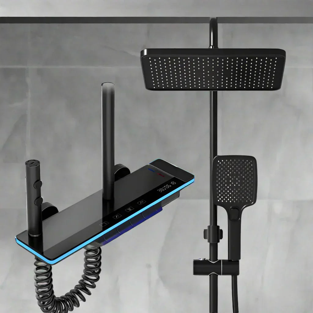 Luxura Digitales Display Wasserfall-Duschsystem – Messing Regenfallmischer mit LED-Lampe