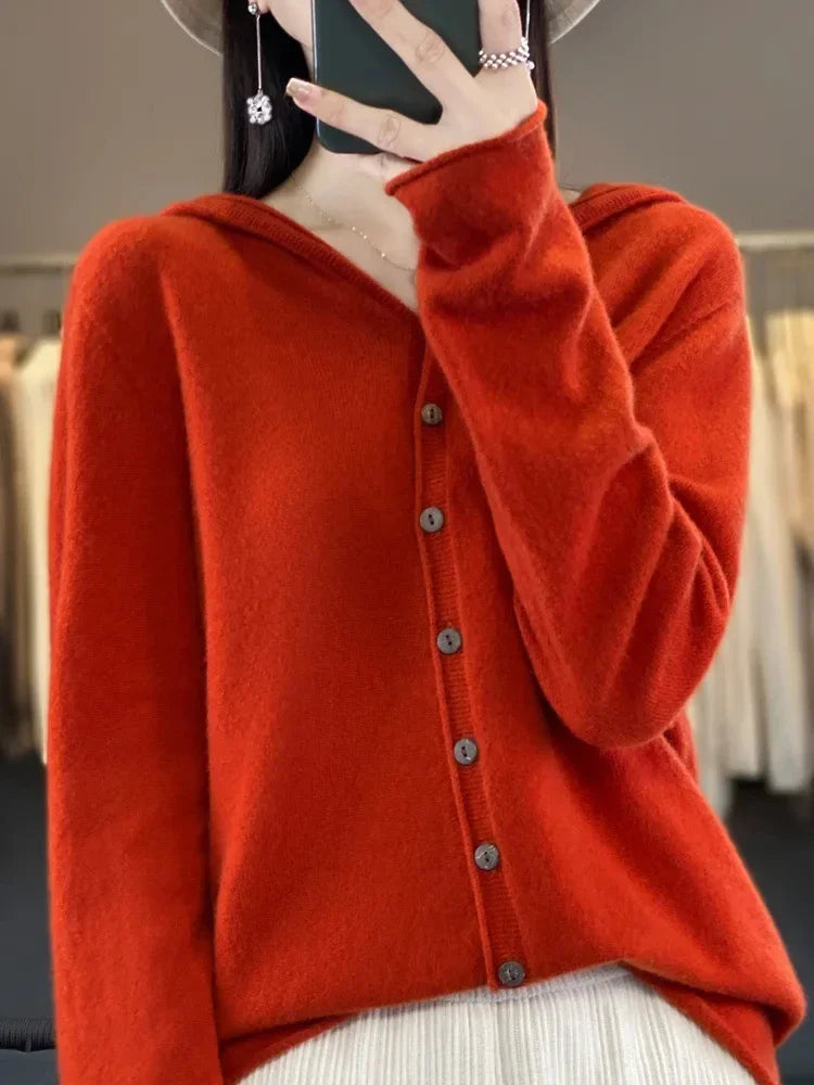 Dames Merinowollen Hoodie Cardigan – Lange Mouwen, Kasjmier Gebreide Trui voor Herfst en Winter, Casual