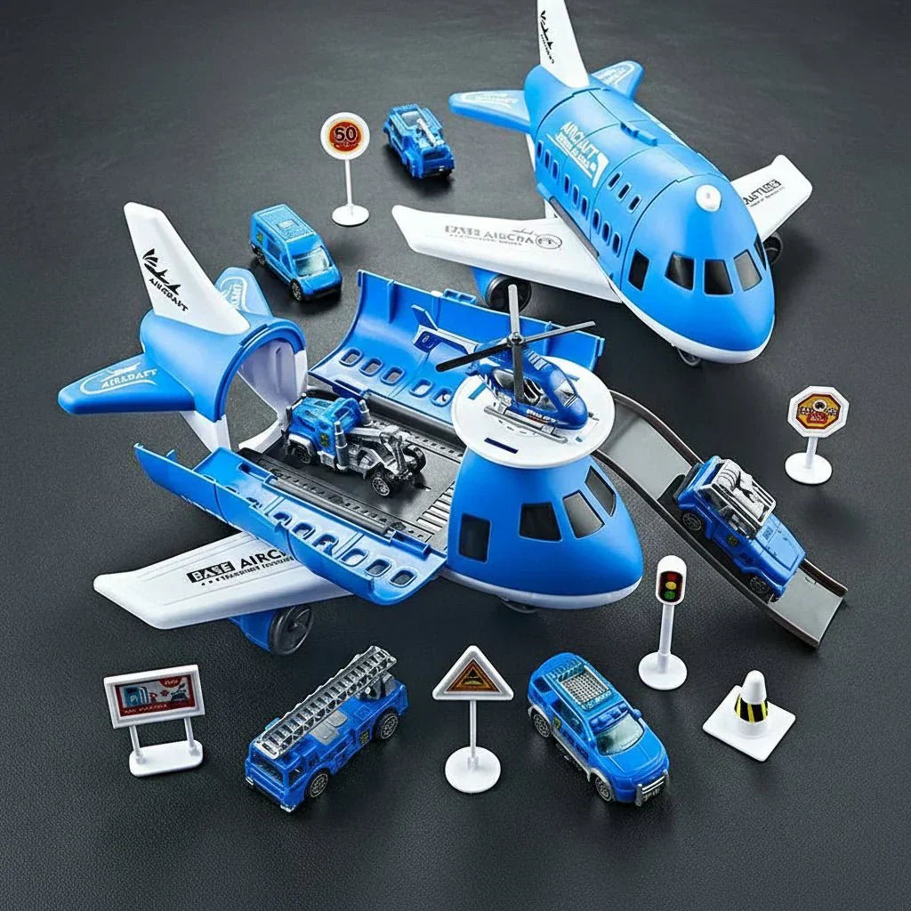 NovaTown Trägheitsflugzeug- und Fahrzeug-Spielset für Kinder mit Hubschrauber-Straßenschildern