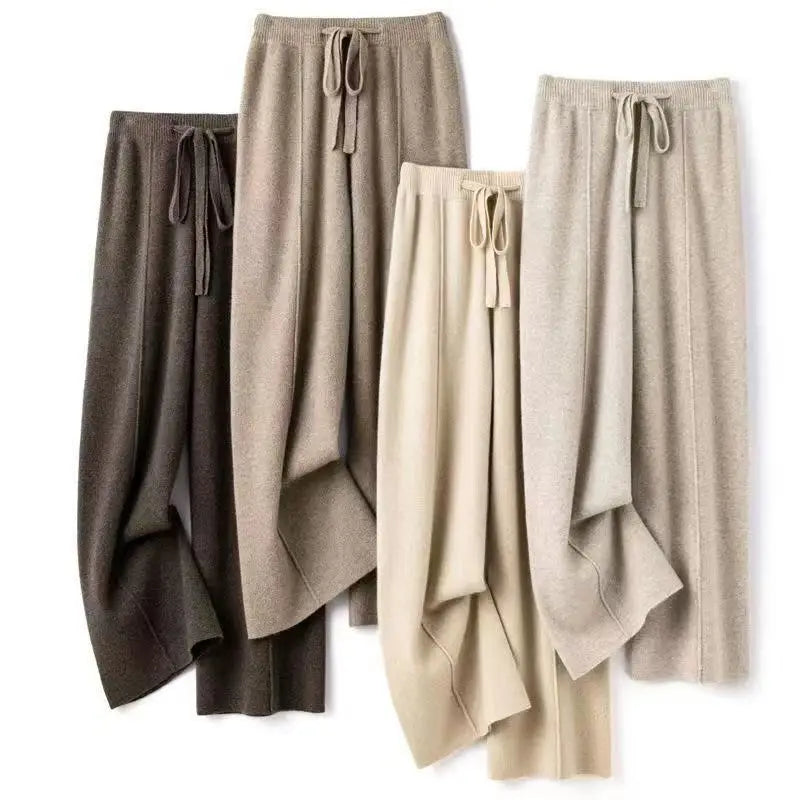 Wool and Cashmere Blend Wide-Leg Trousers for Women with Elastic Waist