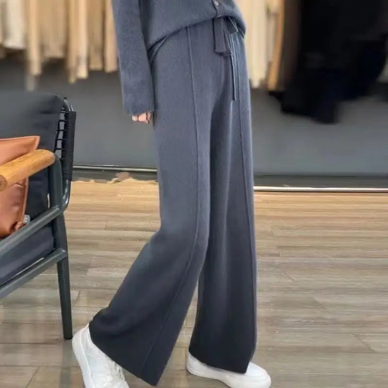 Wool and Cashmere Blend Wide-Leg Trousers for Women with Elastic Waist