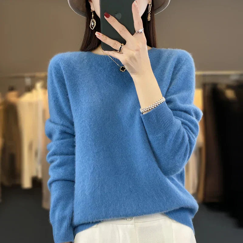 Adriana: Maglione da donna in lana merino 100% con scollo a O