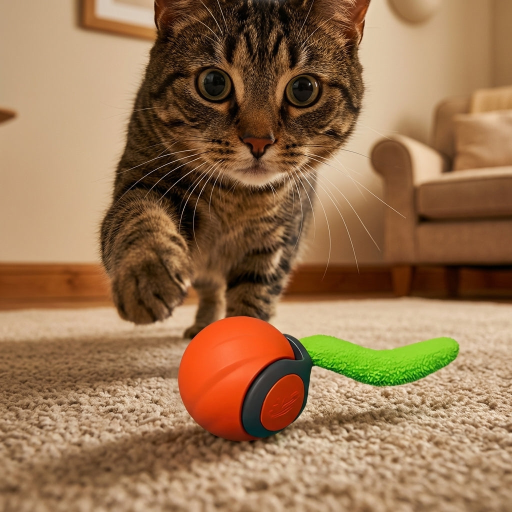 Selbstfahrender Katzenspielball mit Bewegungssensor und Pfotenaktivierung, USB-C wiederaufladbar
