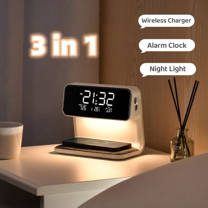 LumaNova Klar LCD Vekkerklokke med Dimbar Nattbordslampe og Trådløs Rask Lading