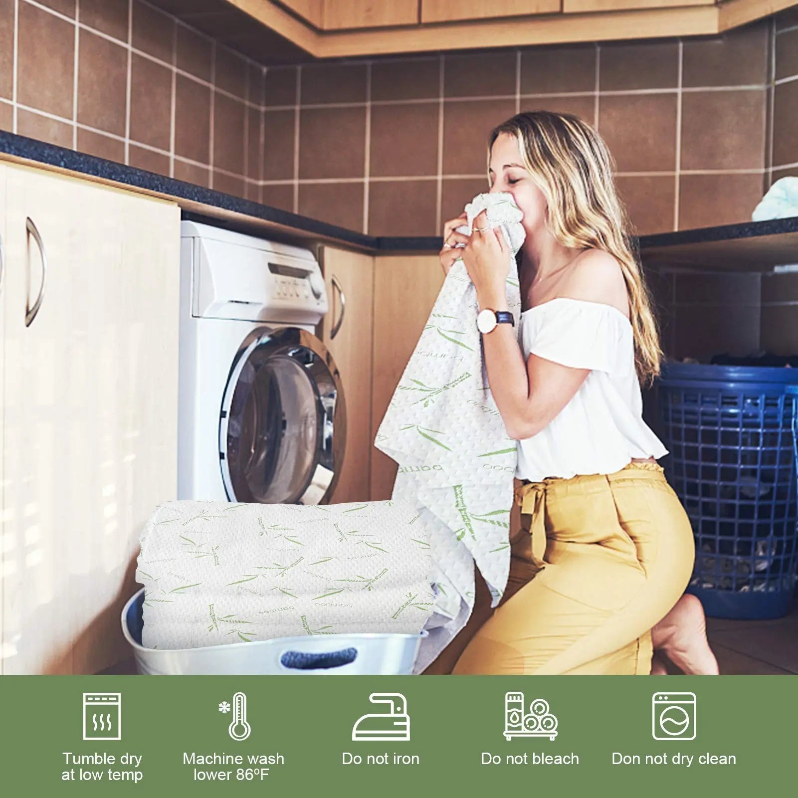 Chladivý bambusový prostěradlo Slumblr s nepromokavou vrstvou, design s hlubokými kapsami
