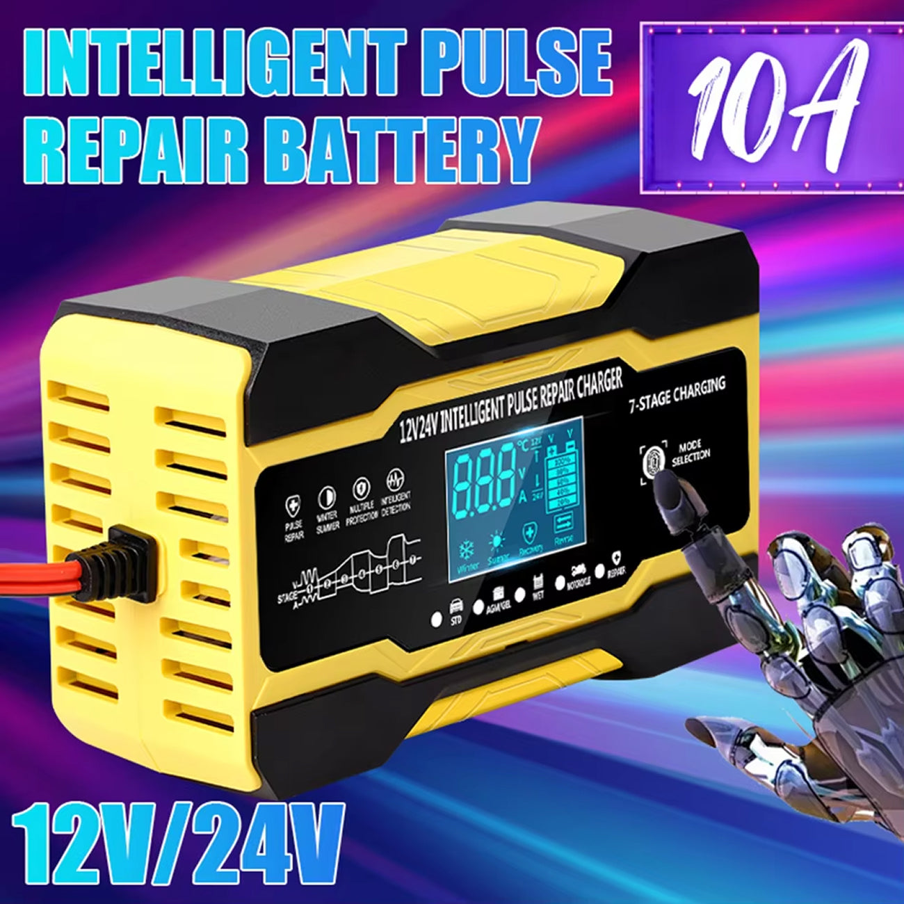 12V chytrá nabíječka autobaterií s LCD displejem, automatickým nabíjením a univerzální kompatibilitou