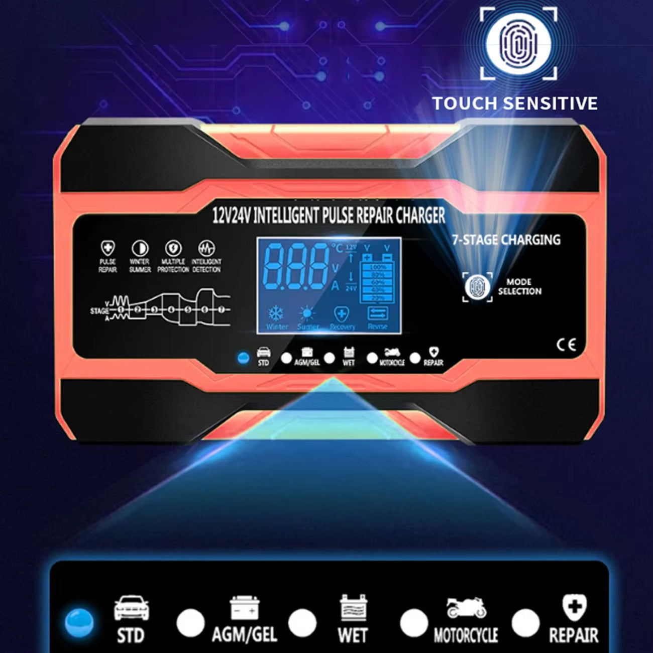 12V chytrá nabíječka autobaterií s LCD displejem, automatickým nabíjením a univerzální kompatibilitou