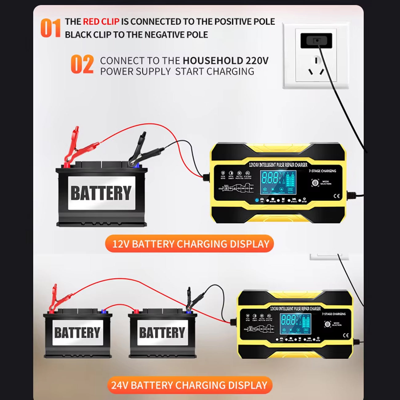 12V chytrá nabíječka autobaterií s LCD displejem, automatickým nabíjením a univerzální kompatibilitou