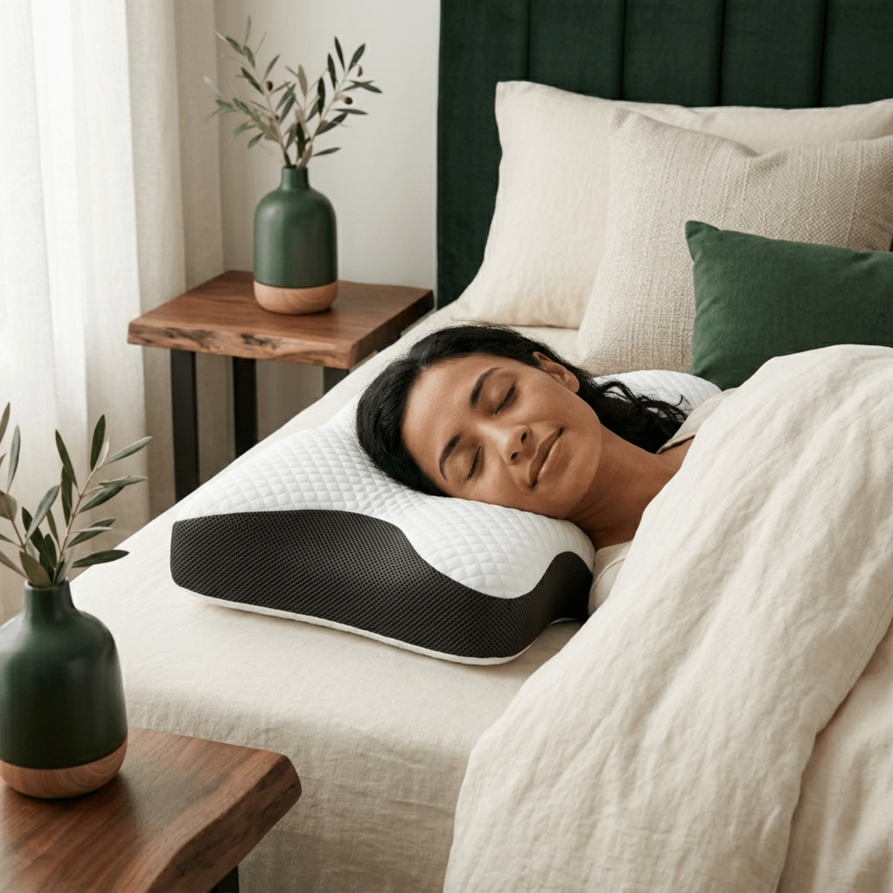 Contoured Cloud Pillow With Dual Height Neck Support for Side and Back Sleepers