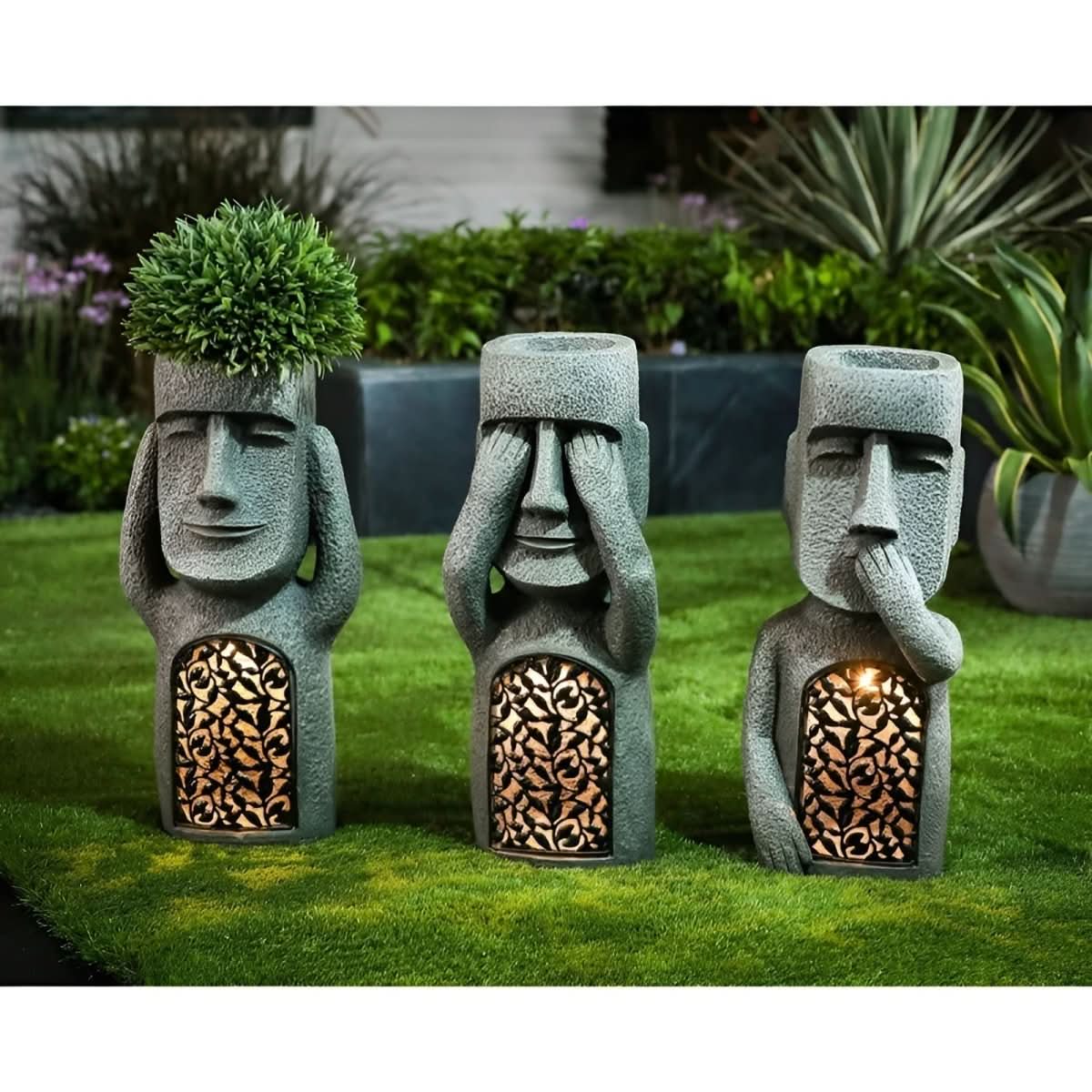 Fortryllet Trio Solcelle Harpiks Hagefigurer for Utendørs Dekor Fans