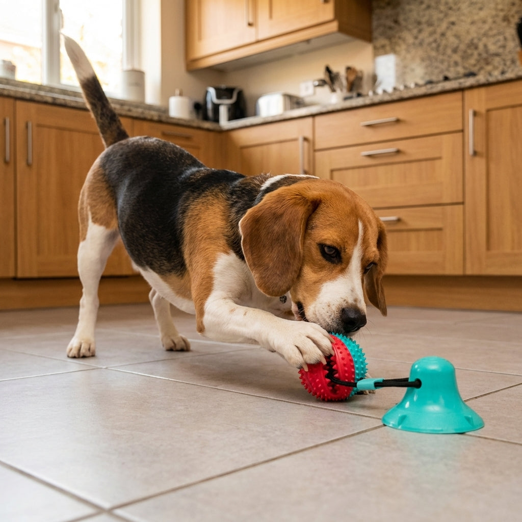 Dog Tug Toy With Suction Cup And Rubber Ball On Bungee Rope