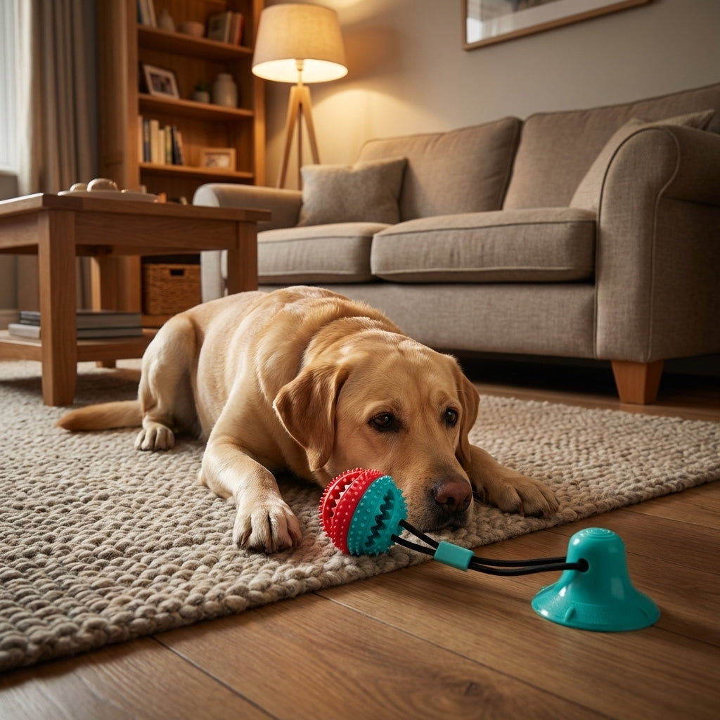 Dog Tug Toy With Suction Cup And Rubber Ball On Bungee Rope