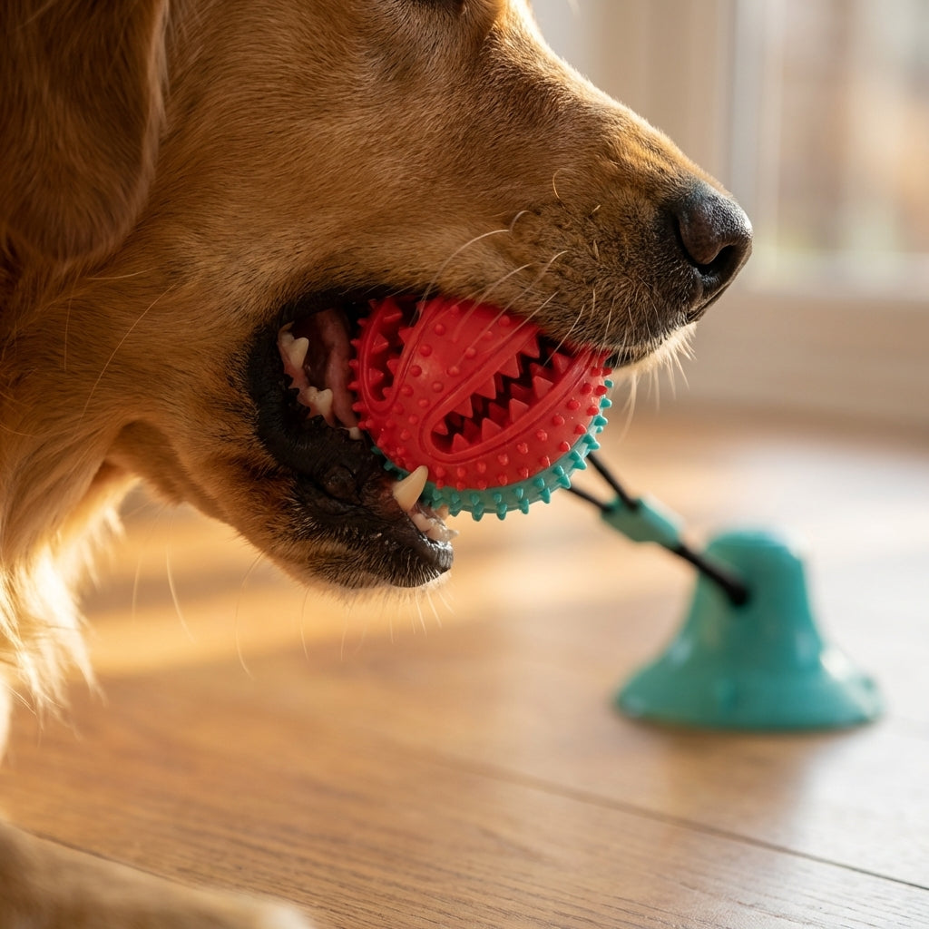 Dog Tug Toy With Suction Cup And Rubber Ball On Bungee Rope