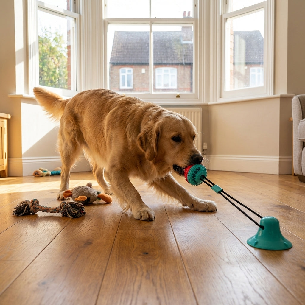 Dog Tug Toy With Suction Cup And Rubber Ball On Bungee Rope